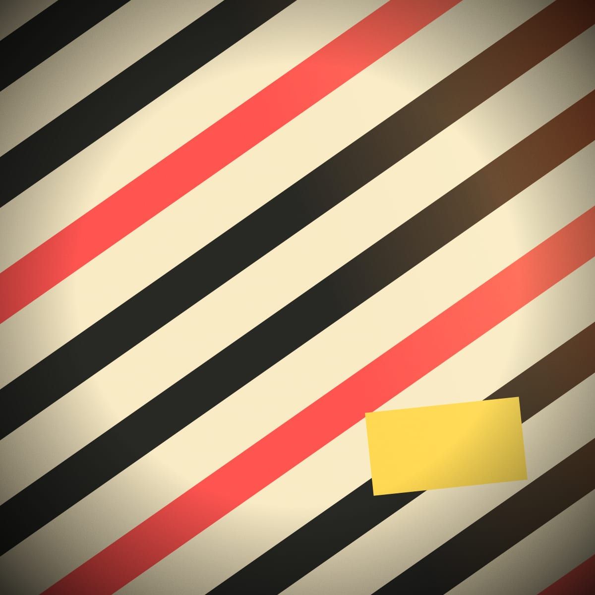 Diagonal red, black and cream stripes with a yellow label