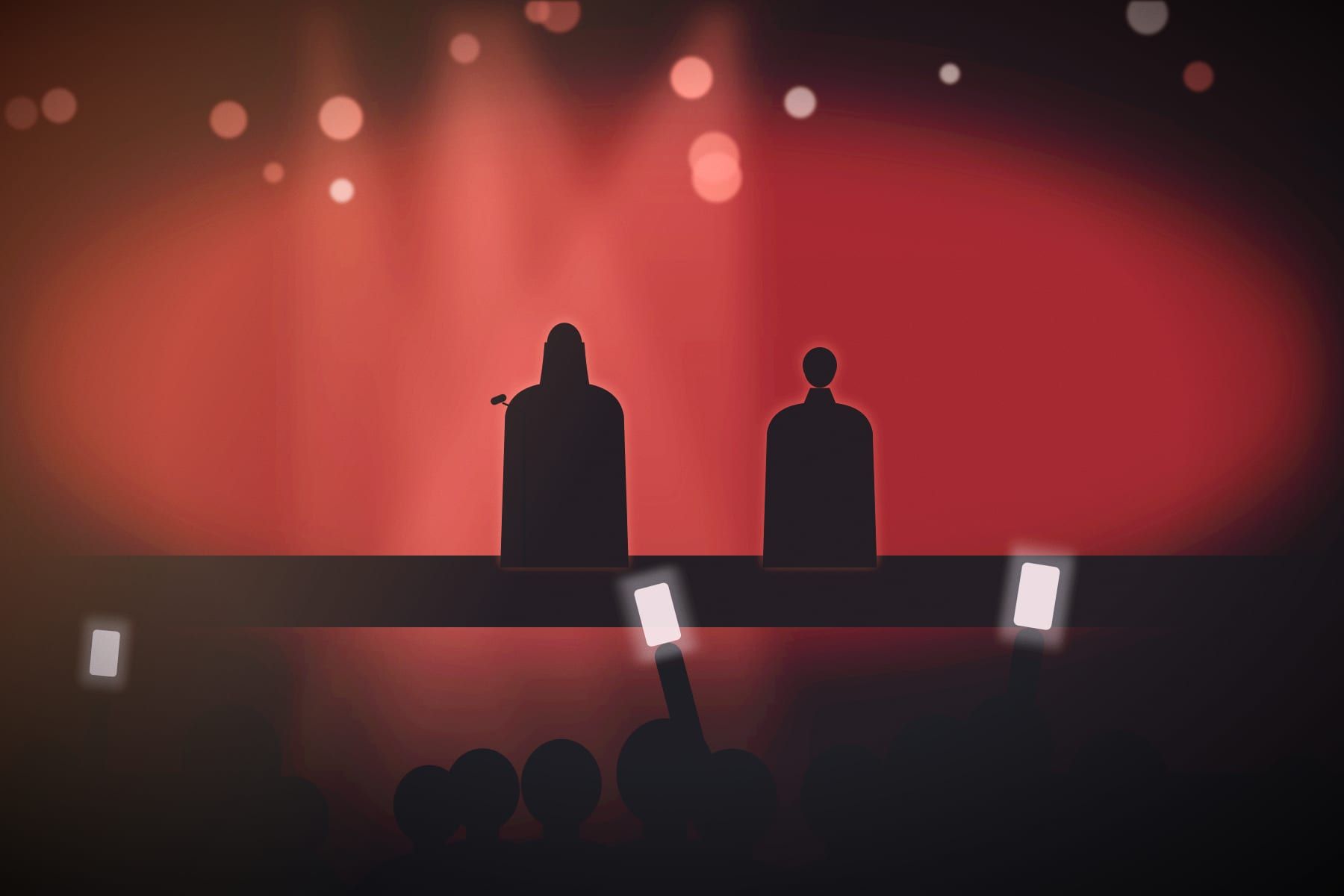 The crowd holds up phones as two performers play