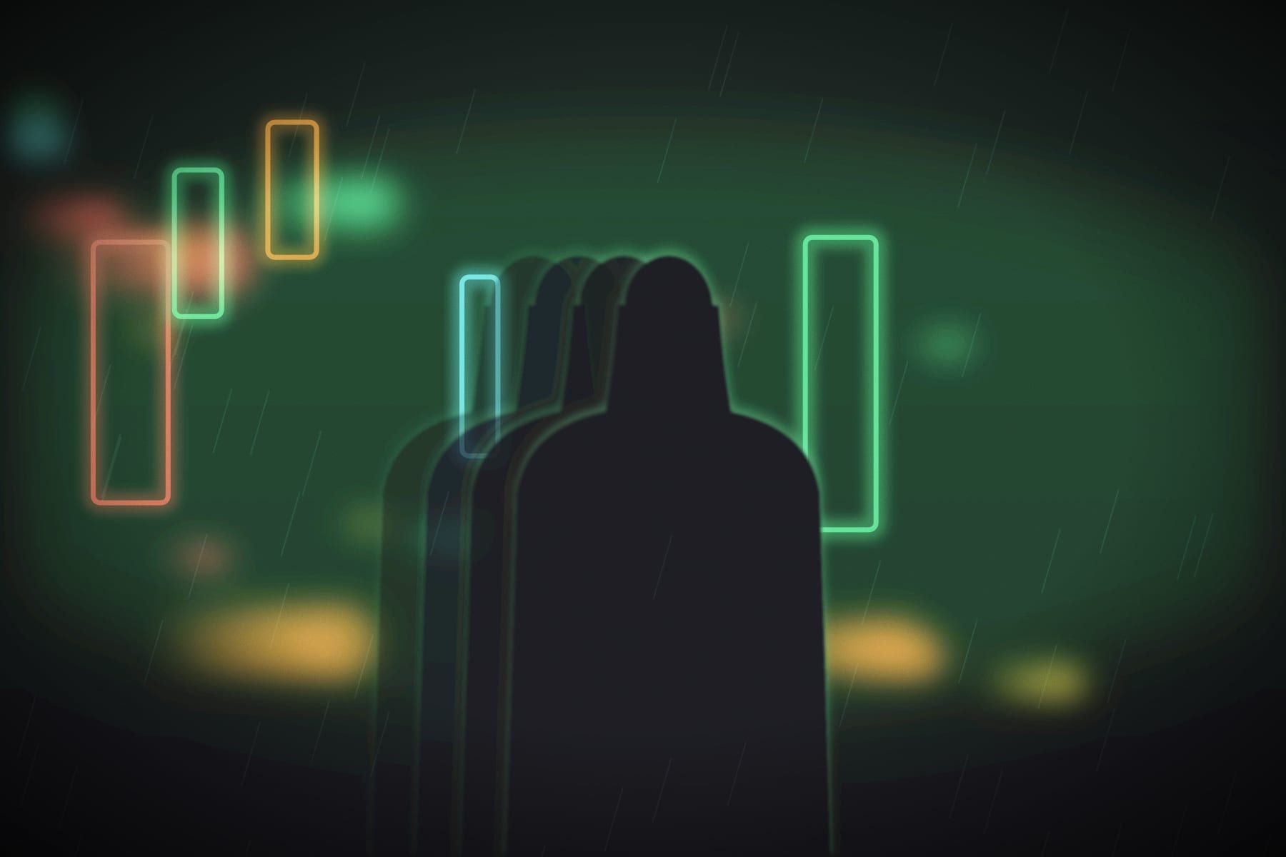 A figure walking past neon signs at night