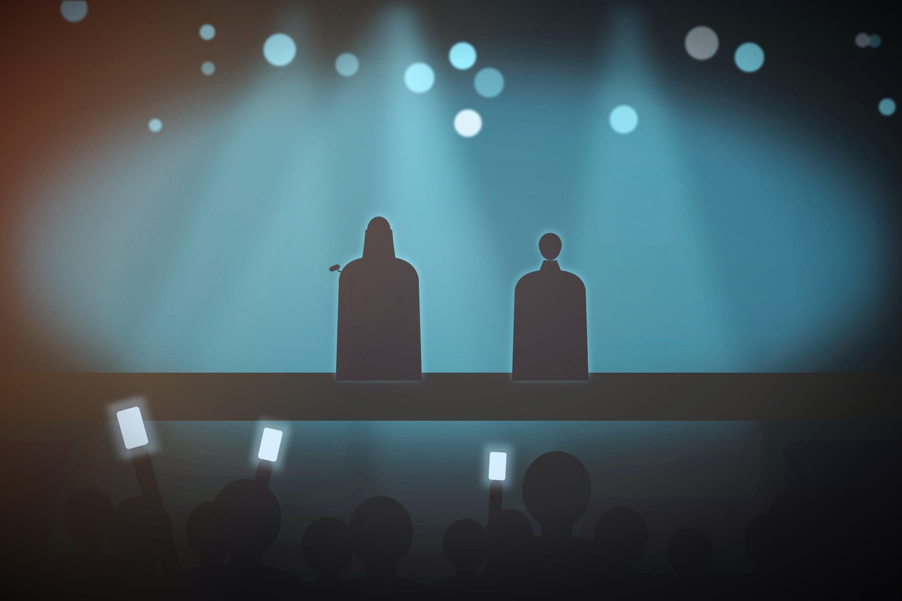 Two performers on stage under blue light with the crowd holding up phones