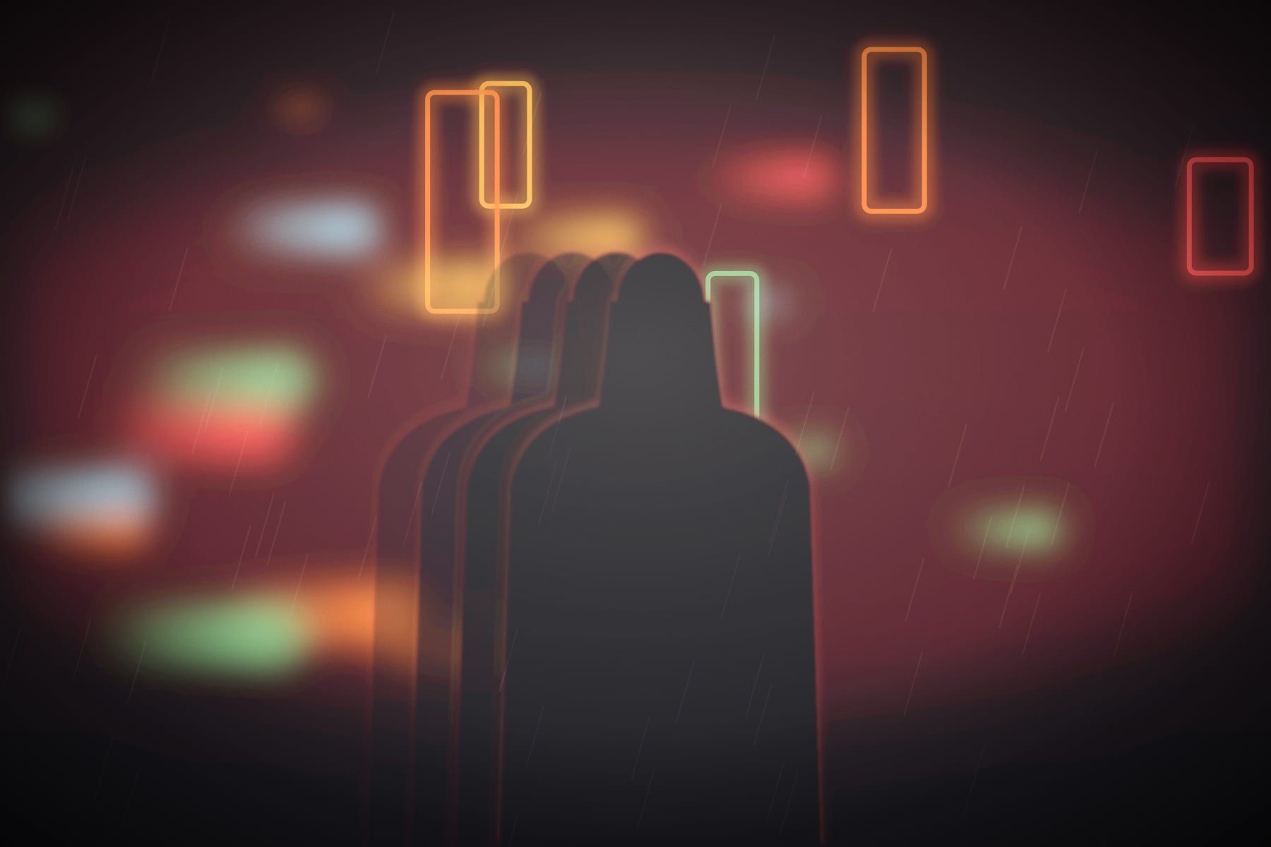 Neon lights smeared across a rainy street